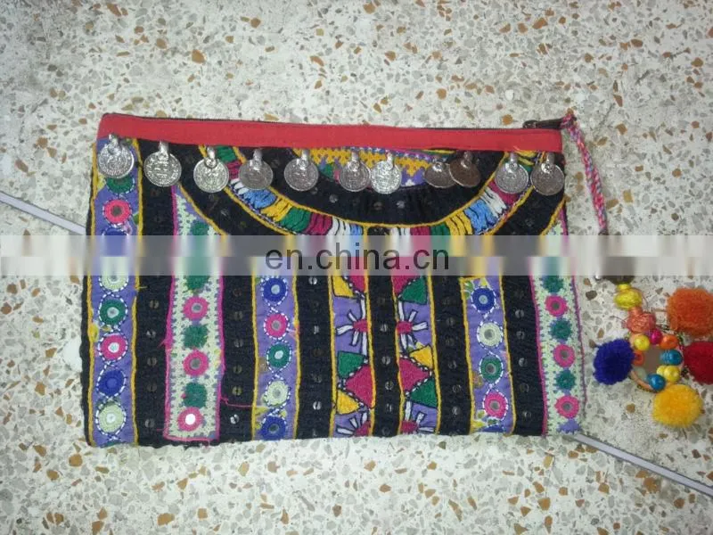 VINTAGE LEATHER POUCH BANJARA EMBROIDERY ETHNIC PATCHWORK HANDMADE MIRROR TRIBAL BAG