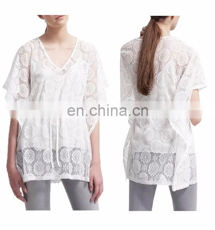 Fancy Flower Short Cover Up Bikini Lace V Neck Kaftan
