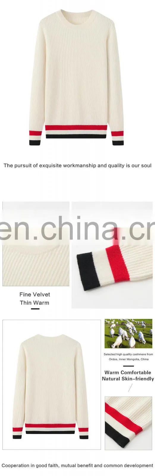 OEM Custom 100% Cashmere Ladies Pullover Rib Knitted Crew Neck Sweater with Colored Stripes Casual Style for Winter Season