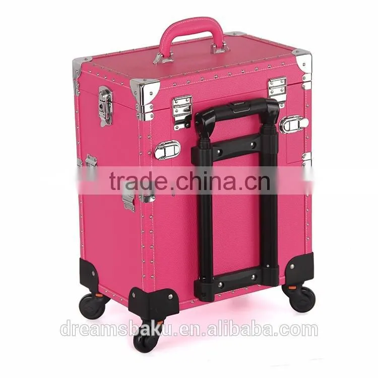 2016 Hot selling Pink color Functional professional Trolley case Makeup box cosmetic display Case