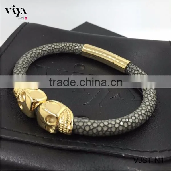 2016 New Arrival Twins Skull Blue Leather Bracelet With 18k Gold For Mens Watches Genuine Stingray Leather Skin