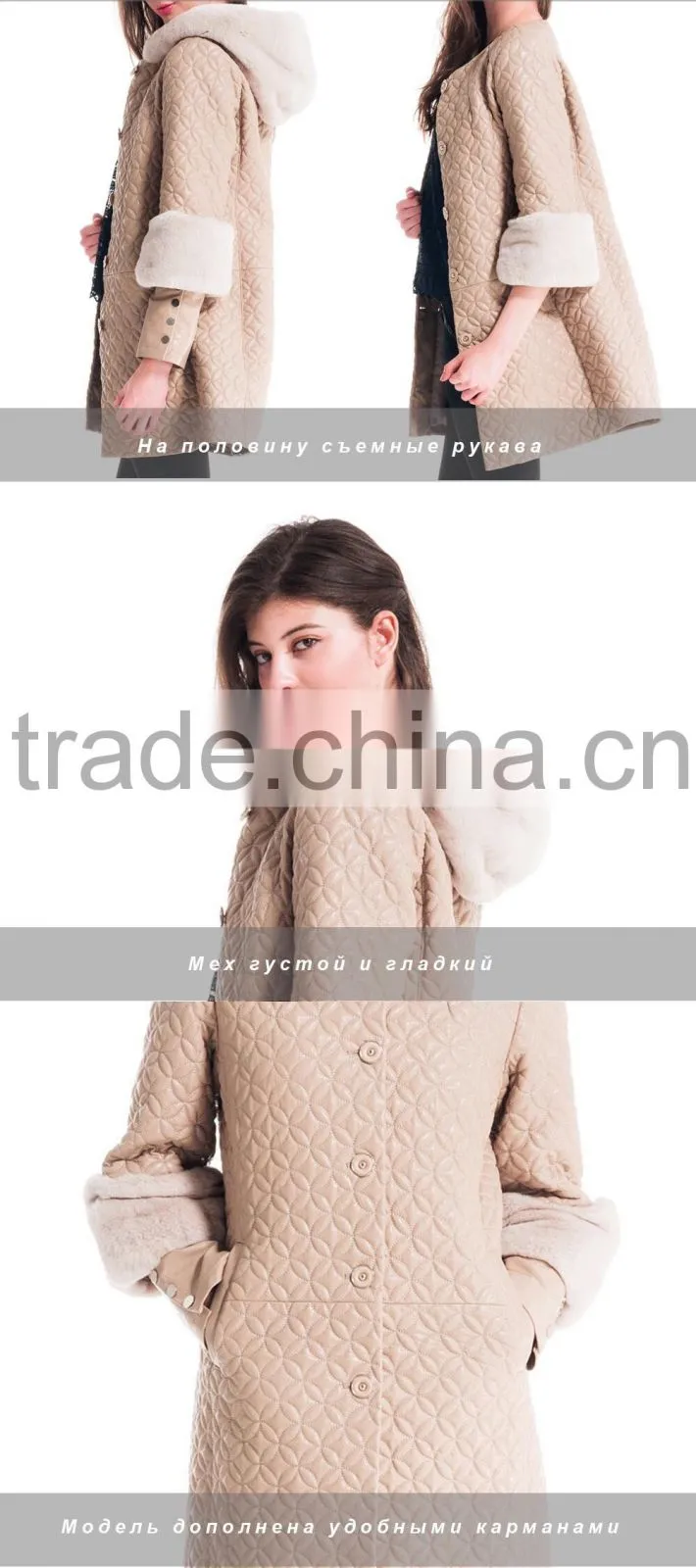 Winter Women Medium Length Embroidered Leather Coat With Detachable Beaver Rabbit Skin Hat Overcoat