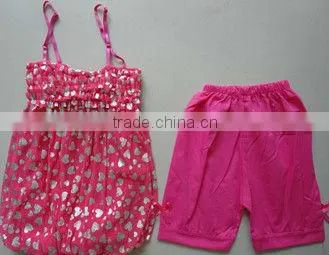 summer 160g Girl's chiffon dress and jersey pant 2pcs set