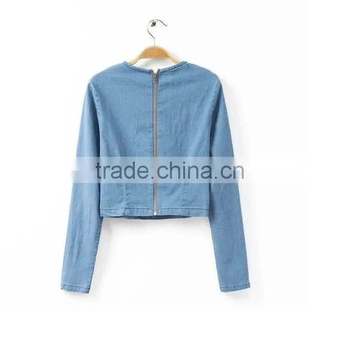 2014 European New arrivals sexy denim tops fashion style short tops with long sleeves