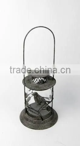 100232MC- hanging metal candle lantern w/finch design