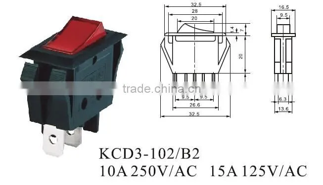 CNGAD Illuminated electrical rocker switch 10A 250V( electrical rocker switch,miniature boat switch)(KCD3-102/B2)