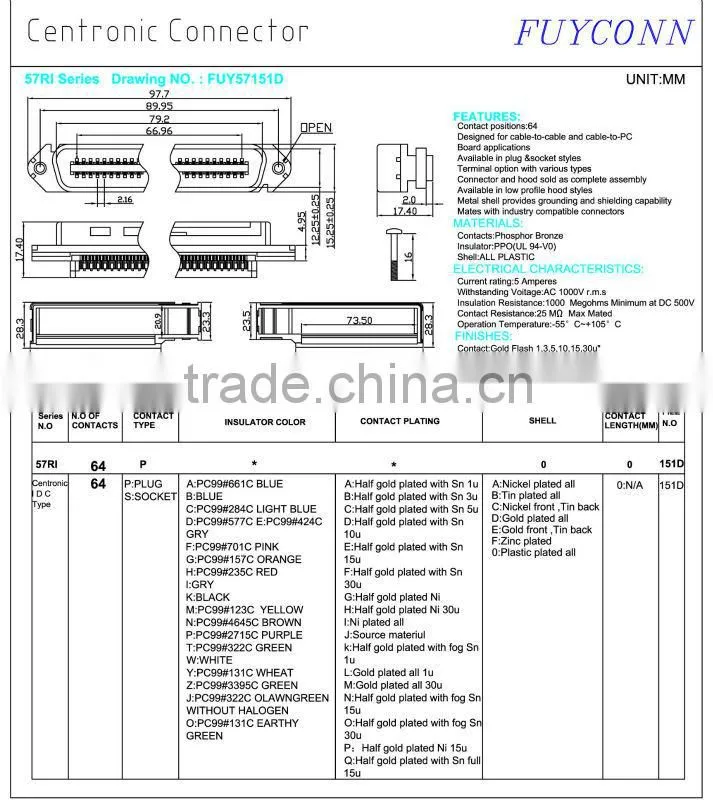 2.16mm pitch TYCO AMP TE 552285 64P Plug Centronic Connector Champ IDC Male Type