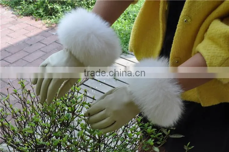 2016 New Product Real Leather Gloves With Genuine Fox Fur Cuff Leather Glove