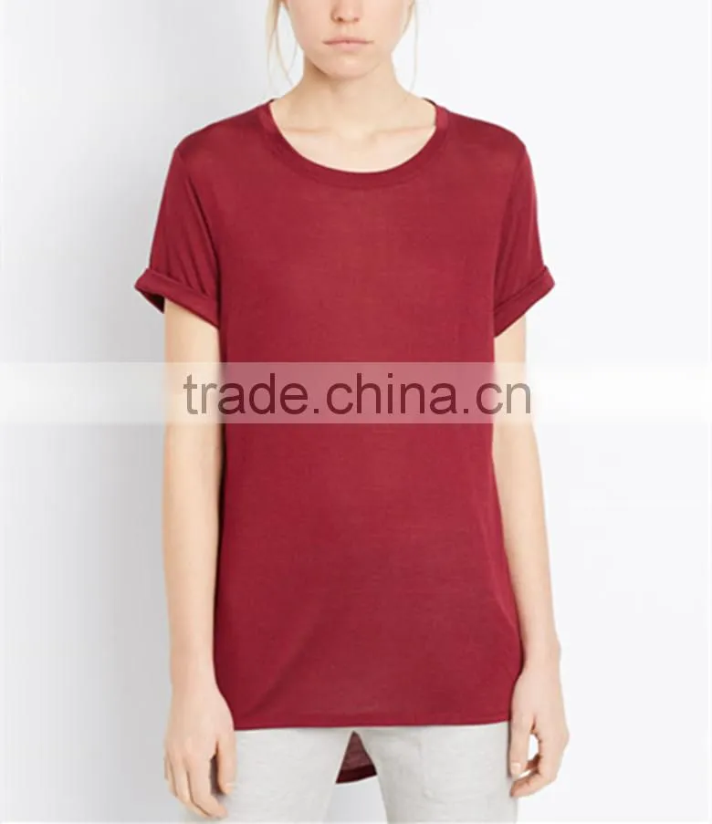 Ladies Classics dark red round neck lightweight rayon tee with curve high-low hem women tops