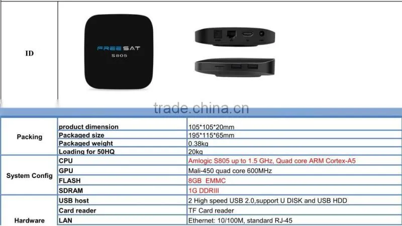 2016 New Arrival Freesat Amlogic S805 Android 4.4 1G/8G Android OTT Smart TV Box Quad Core Kodi XBMC Ethernet Wifi TV Box