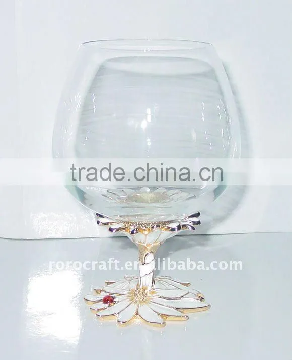 pewter base and stem with enamel color crystal wine glass