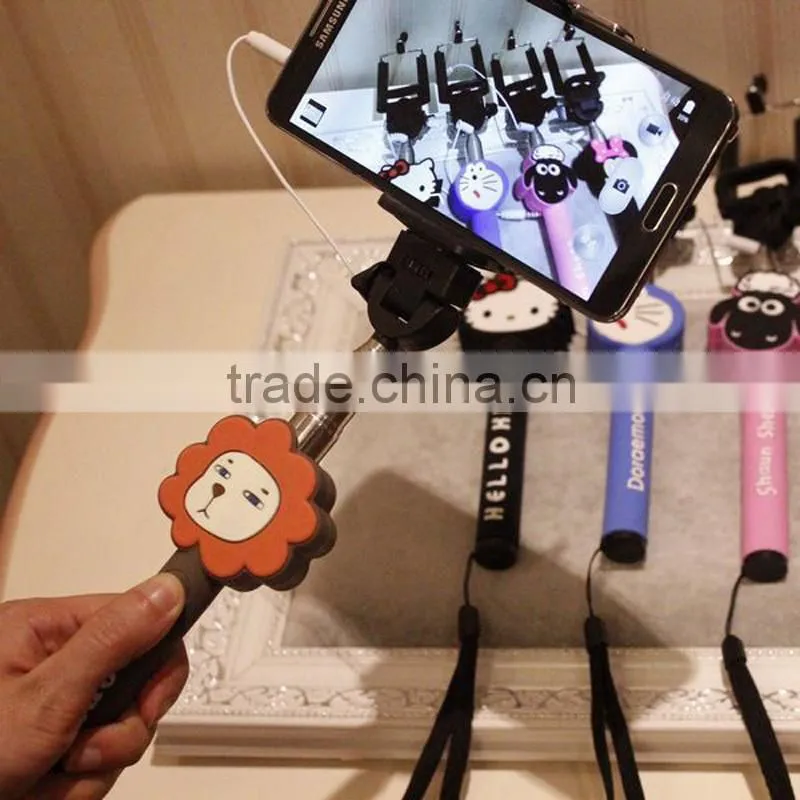 Most popular extendable cartoon selfie stick Wired monopod selfie stick for Smart phones and digital cameras