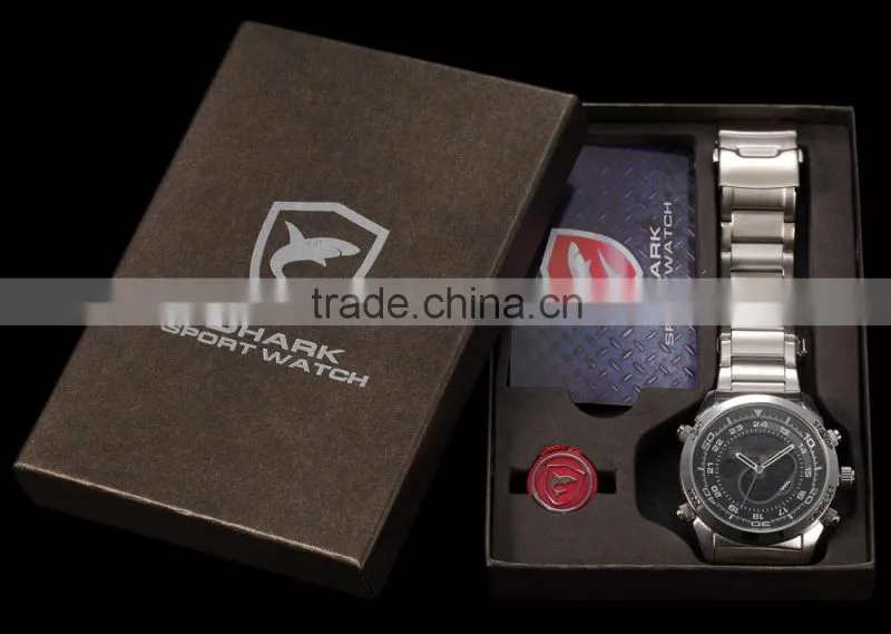 Shark Men Sport Brand New LED Analog Dual Time Zone Black Dial Japan Qaurtz Multifunction Movement Watch