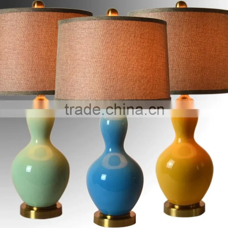 Metal Base In Antique Brass Gourd Shape Ceramic Body With Fabric Lampshade Modern Desk Lamp Bedroom Living Room Table Lamp
