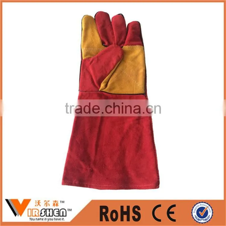 Red cow split soft textile leather long welding safety gloves fully lined