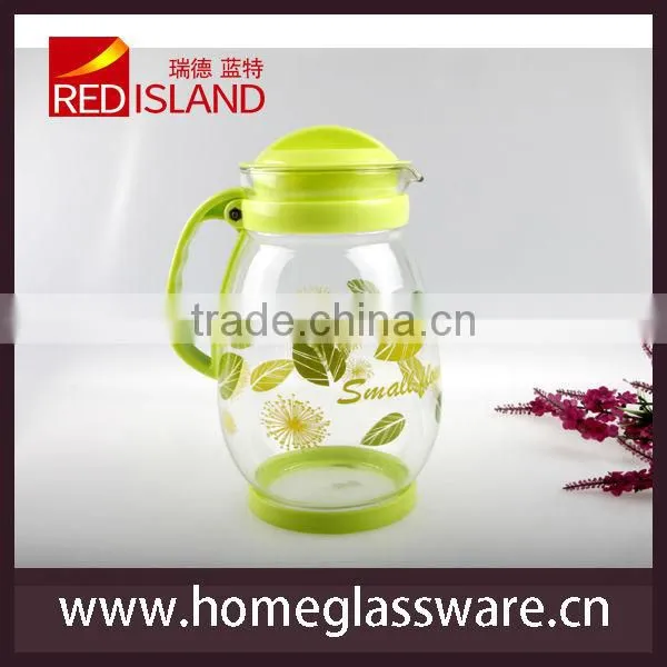 decal glass water pot with plastic handle&lip