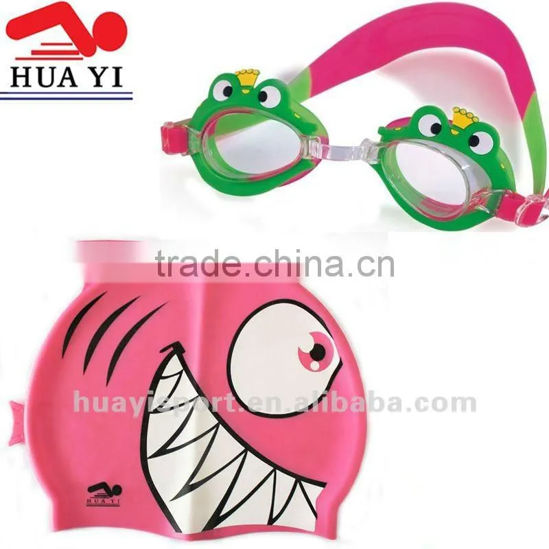 Custom cute swim goggle and fun fish shape with multi color printing cap for kid - Blue