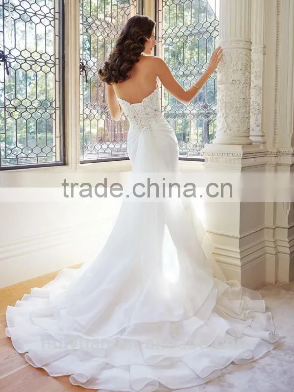 sleeveless design chiffon beaded wedding dress with long tail