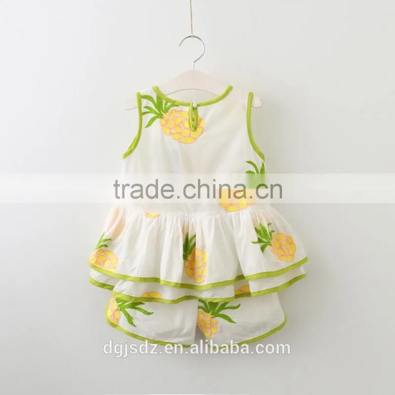 Lotus leaf pineapple embroidery sleeveless little vest shirt shorts pant set for lovely gorl wholesale