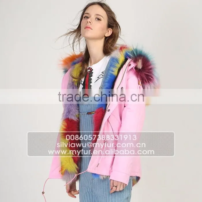Myfur Pink Shell Fashion Lady Parka Jacket with Real Fur Lining Fox Body Fur Hood