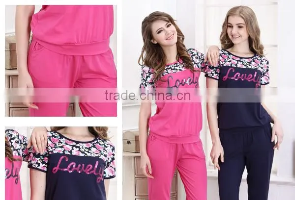 2015 customized adult pyjamas set yarn dyed s/s legging top design summer pyjamas for women