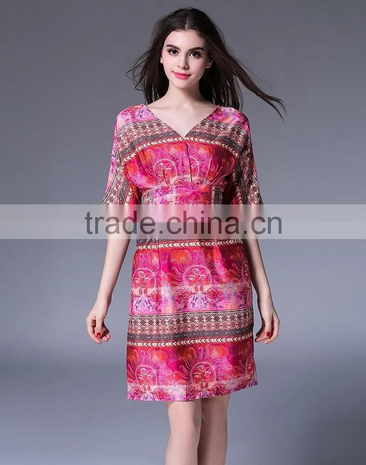 Women Short Sleeve V Neck National Printed Satin Mini Dress Ladies Loose Vintage Design Of Dress