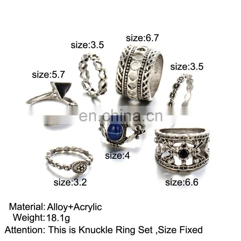 7pcs/set Retro Carved Gemstone Bohemian Gem Finger Knuckle Ring