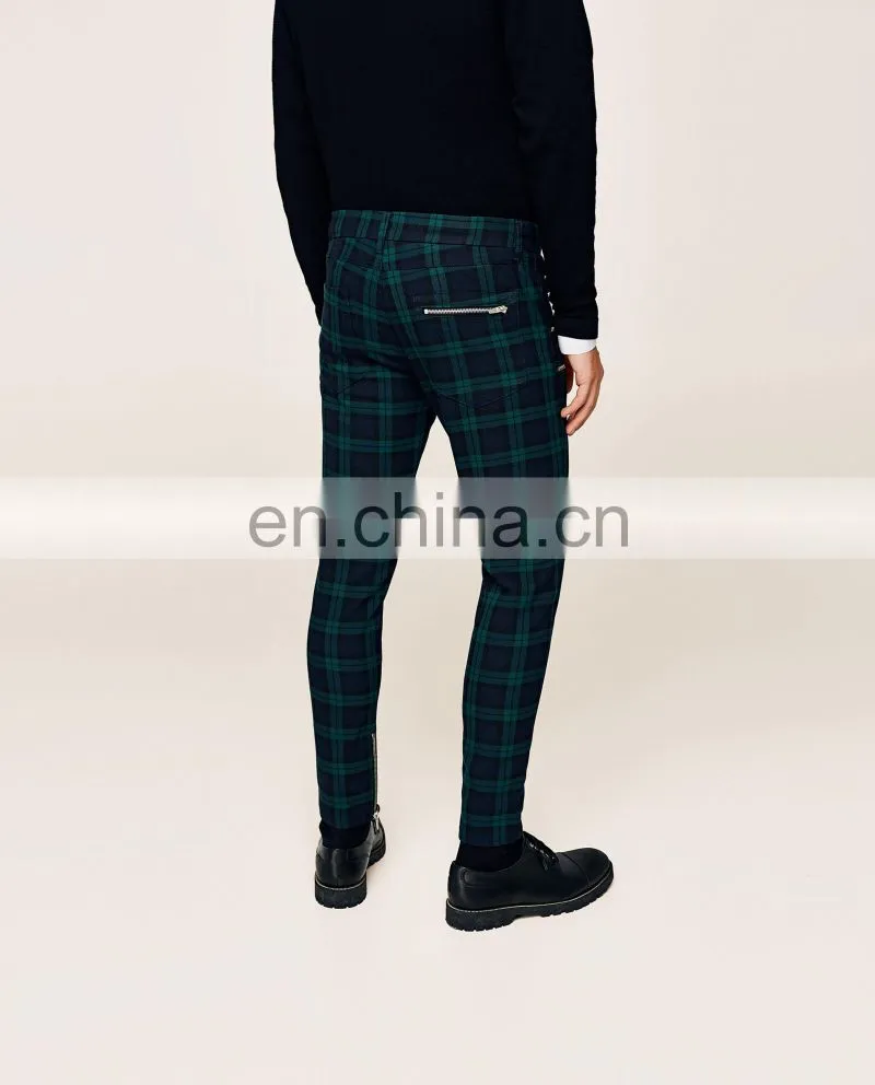 New Style Wholesale Man Fashion Slim Fit Checked Trousers With Zips