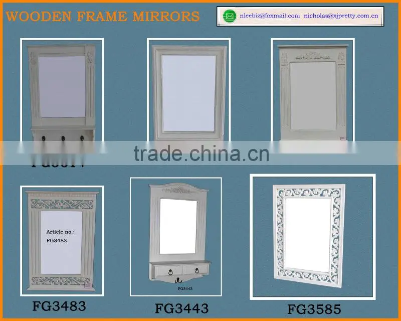 white painted wooden frame mirror with carving / wooden decor mirror