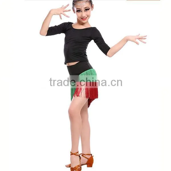 Cheap in-stock high quality elegant Children Latin dance skirt long sleeve + tassel kids latin dance dress wholesale
