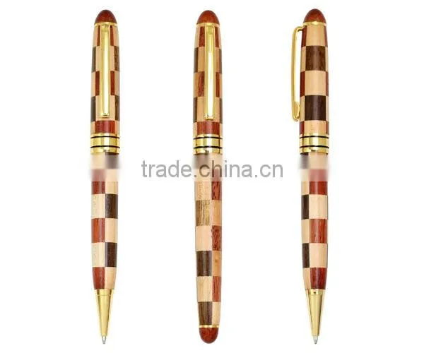 2014 High-End Customized Check Pattern Wooden Pen Set (Roller Pen & Ballpoint Pen)