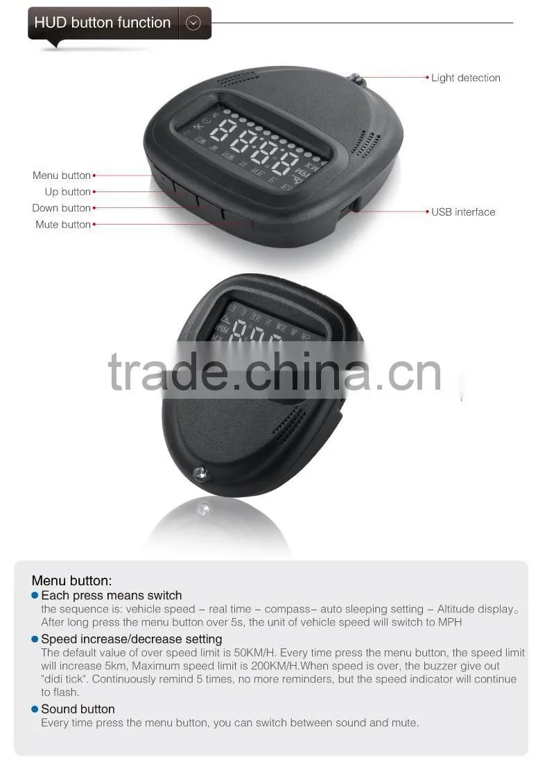 A1 2.0 inch Car GPS HUD Head Up Display Vehicle-mounted Security System, Support Speed & Real Time & Altitude & Over Speed Alarm