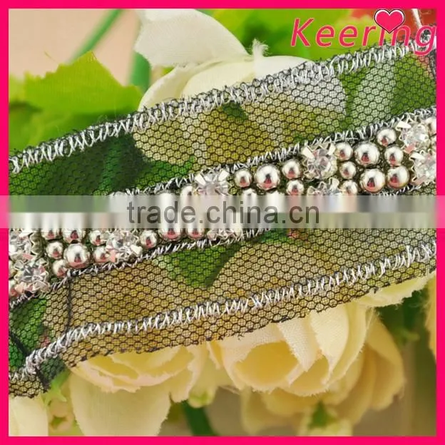 Decoration gunmetal color beaded lace trim for garment WTP-1204