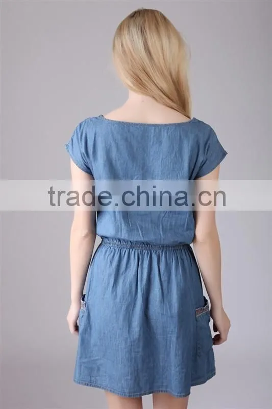 2015 fashion high quality Most Fashion short sleeve denim halter dress For Women ladies Europe Casual Dress women dresses
