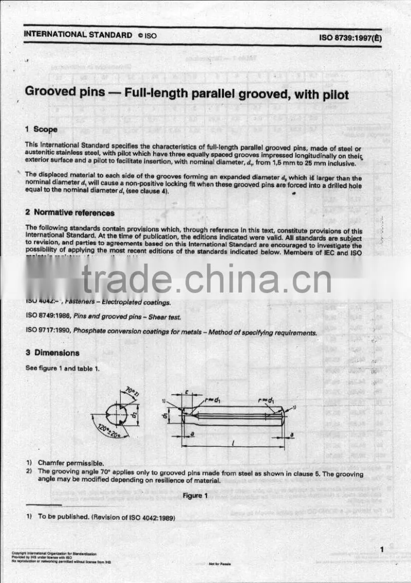Grooved pins, full length parallel grooved with pilot ISO8739