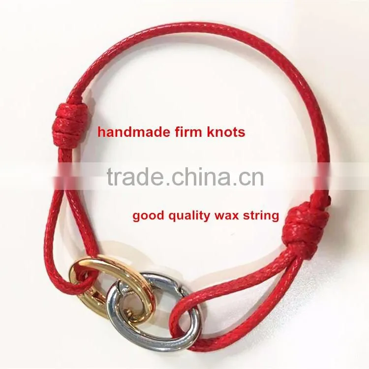 handmade red wax cotton string bracelet with copper rings closure for young ladies