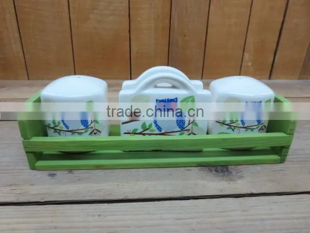 New owl decal salt and pepper shaker herb shaker with napkin holder and wood