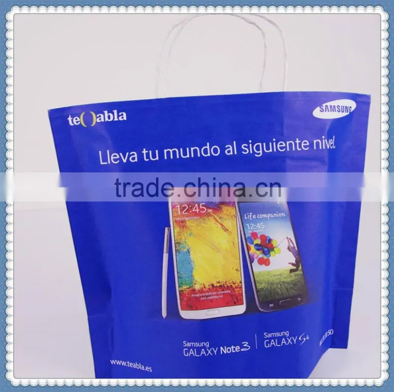 2016 New design blue flexo printing eco friendly kraft paper bag for mobile phone