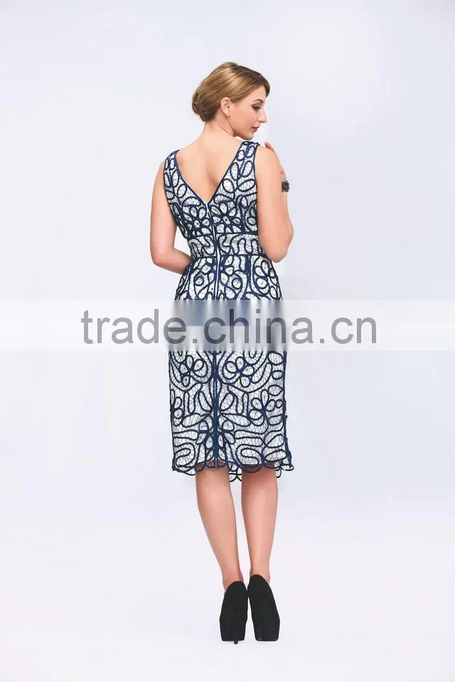 Sleeveless knee-length V-neck blue lace alibaba dresses