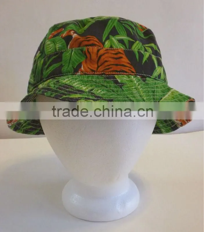 full printed cheap bucket hats forest leaves tiger print pattern pretty green bucket hat