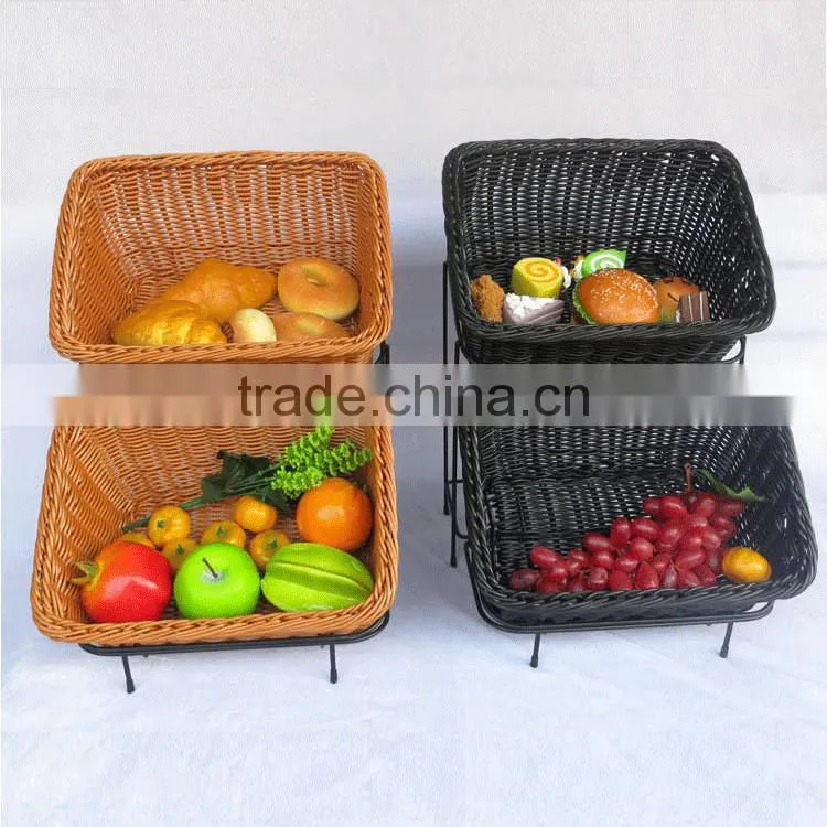 Amazing supermarket or store used fruit & bread rack with 2 tier rattan baskets delicate food display