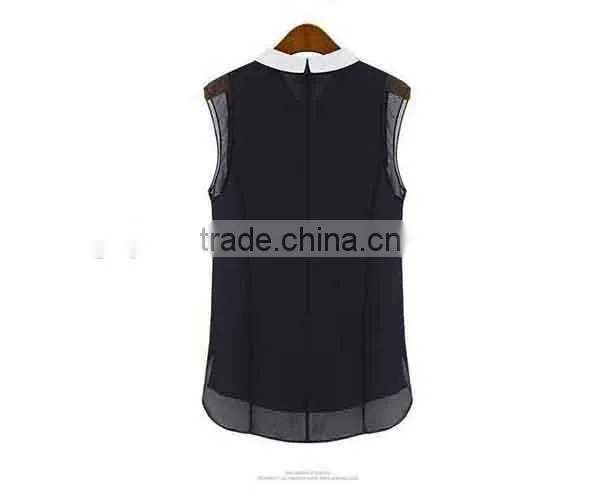 Fashion Cheap 2015 Women Clothing Shirts Spring Summer Chiffon Blouse Turn down Collar Sleeveless Shirt Black White Plus Size