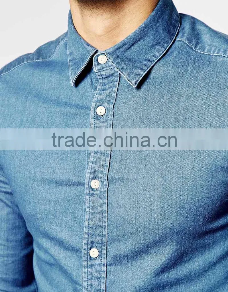 Skinny Denim Shirt with Long Sleeves In Mid Wash