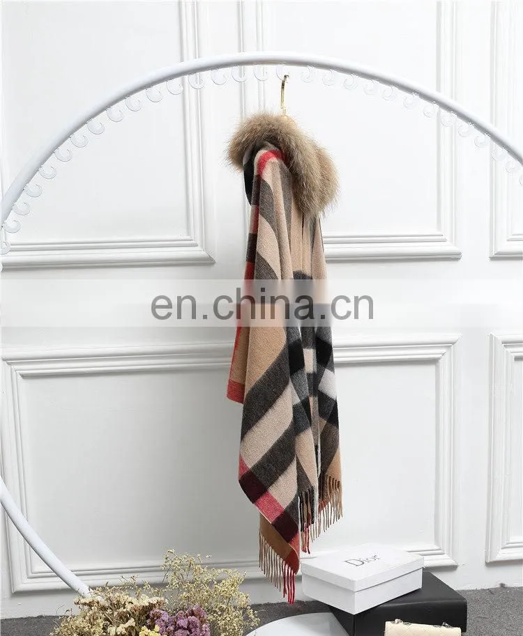 Fashion Women Real Raccoon Fur Hood Shawl Wool Cashmere Scarves Shawls