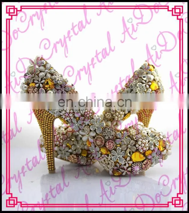 Aidocrystal ltaly stylish high heel dress shoes handmade gold rhinestone flower bridal mid heel wedding shoes