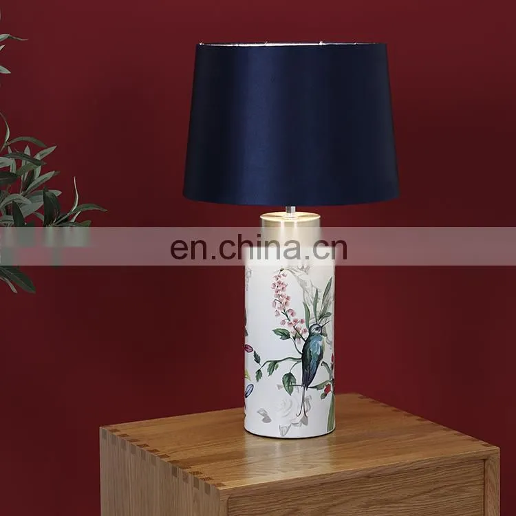 Top sale China style ceramic base blue shade indoor table night lamps for bedroom