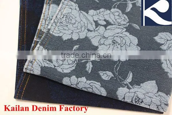 KD-628-12TY 280g Twill Indigo Black Flower Printed Knitted Denim Fabric