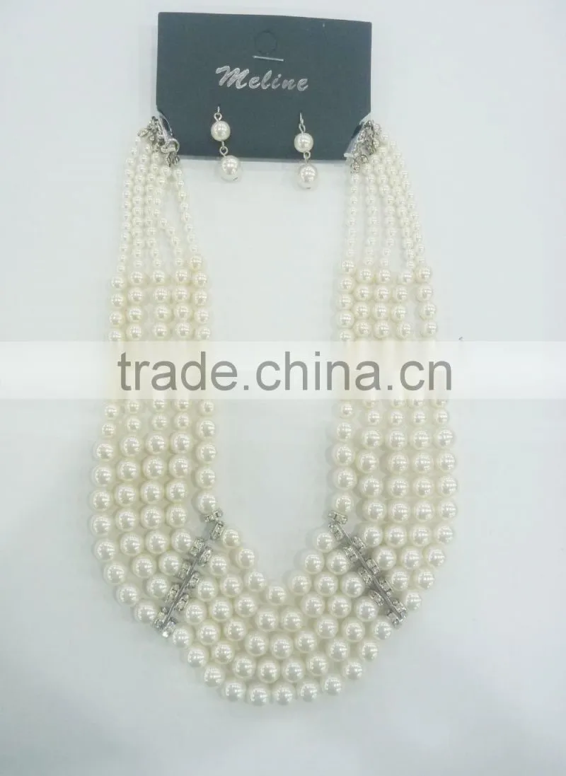 FASHION CHUNKY MULTI ROW STATEMENT PEARL NECKLACE EARRING SET