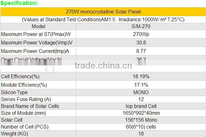 High efficiency and Good Quality solar panel 270W mono PV for solar power systems