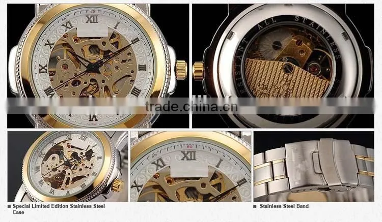 Golden Bezel White Dial Men Automatic Skeleton Mechanical Watch